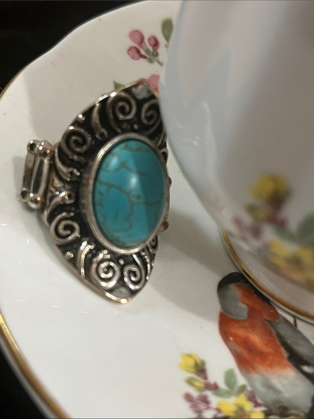 Cottagecore Artisan Bird’s Nest Pearl Necklace Teacup Turquoise Ring Set - Picture 7 of 10